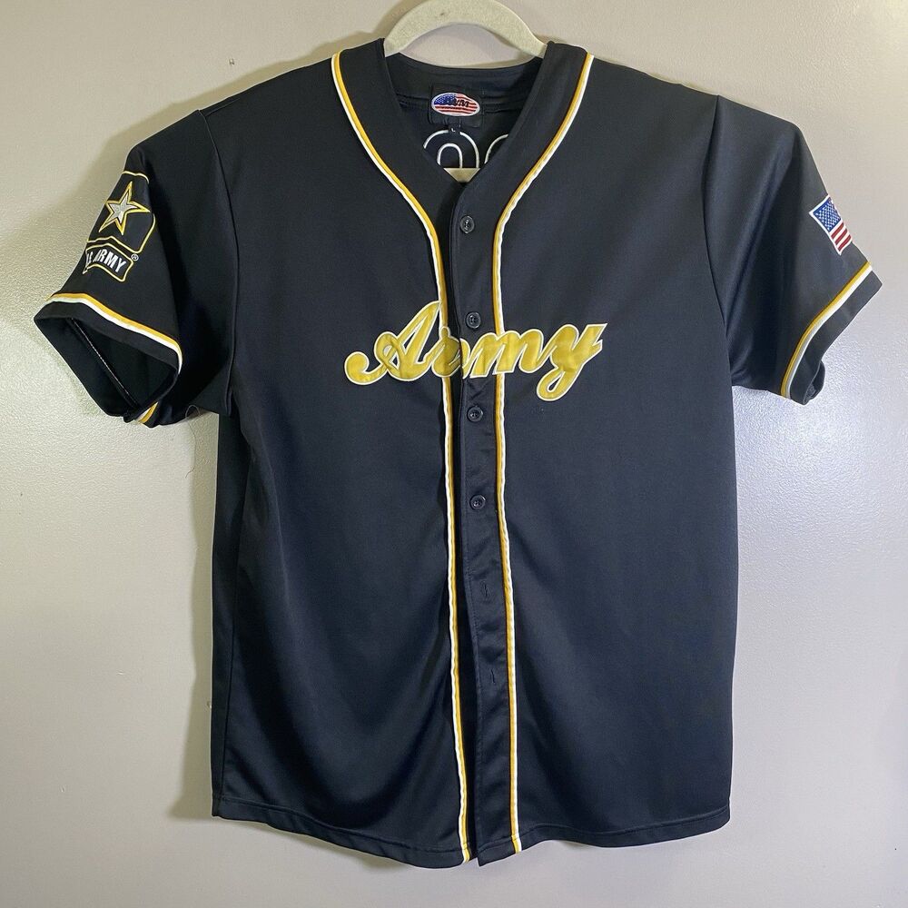 JWM US Army Jersey Mens L Black Baseball Button Embroidered Hooah US Flag Emblem